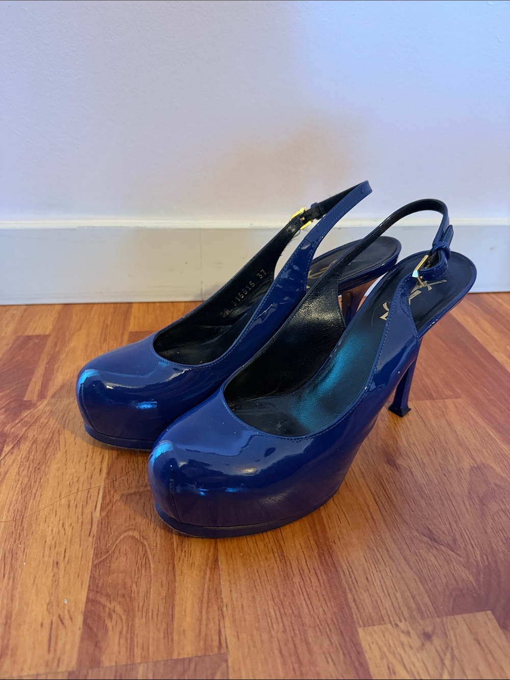 YSL Tribtoo Slingback Patent Indigo Heels